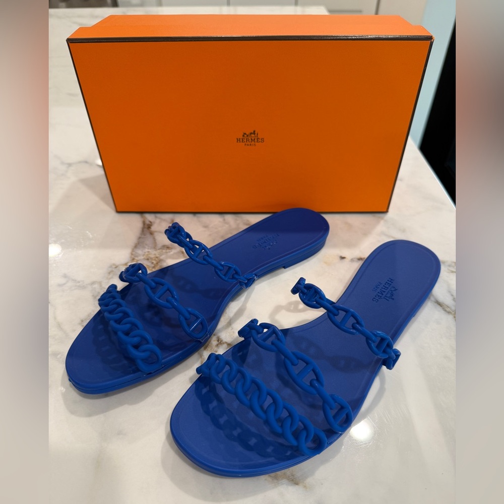 Authentic Hermes Rivage Bleu Smalt Rubber Sandal Size 39